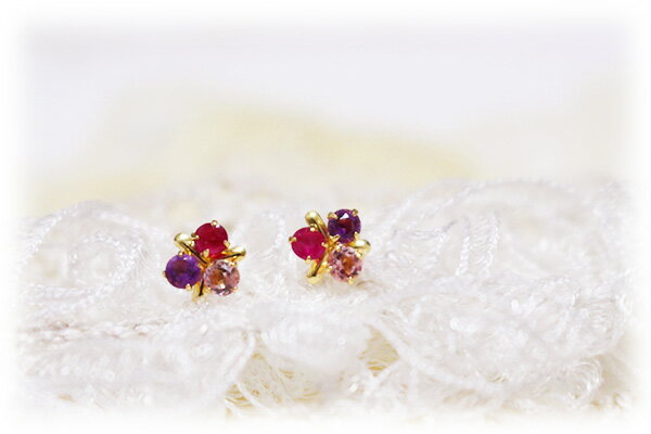 18金 ピアス 18k ルビーピアス レディース K18素材が嬉しい！グラデーションが綺麗！三色ピンクスミレピアス2 7 10月の誕生石 18K 18金 YG ジュエリー 彼女 女性 大人 可愛い 金属アレルギーおしゃれ 大人っぽい バレンタイン格安通販　バレンタイン　人気　ランキング