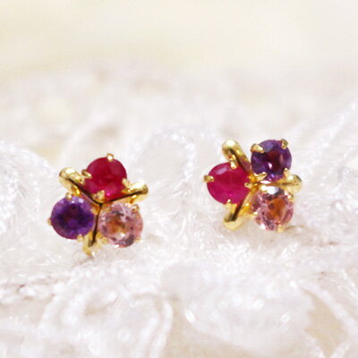 ピアス 18金 ピアス 18k ルビー ピアス K18素材が嬉しい! グラデーションが綺麗! 三色ピンクスミレピアス 2 7 10月の誕生石 18K 18金 Y...