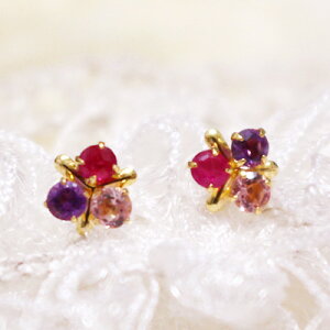18金 ピアス 18k ルビーピアス レディース K18素材が嬉しい!グラデーションが綺麗!三色ピンクスミレピアス2 7 10月の誕生石 18K 18金 YG ジュエリー 彼女 女性 大人 可愛い 金属アレルギーおしゃれ 大人っぽい バレンタイン