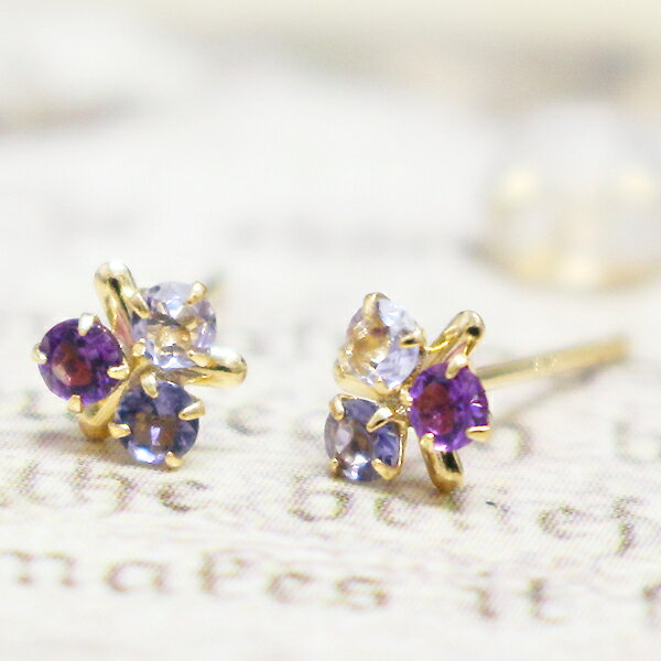 ピアス 18k タンザナイト グラデーションが綺麗!!!三色スミレピアスK18ゴールド 2 12月の誕生石 シンプルすみれ アメシスト アイオライト 18k YG 18金 ピアス レディース 金属アレルギー かわいい 送料無料【11時のTeatime バレンタイン】