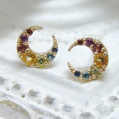 モチーフで選ぶ 7色の天然石が虹色に輝く…!お守りに♪女性の強い味方『月-moon』のアミュレットピアス☆K10イエローゴールド ガーネット ピンクトルマリン ...