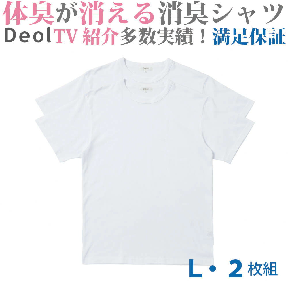 ＼クーポン発行中／【消臭シャツ】デオル クルーネックTシャツ Lサイズ2枚組 | ワキガ わきが わき臭 ワキ臭 消臭 対策 衣類臭 体臭 加齢臭 男性 メンズ インナー 下着 肌着 綿100% 白 ホワイト 体臭 臭い 消し 臭わない 汗 お買い得 まとめ買い 興和堂【あす楽】