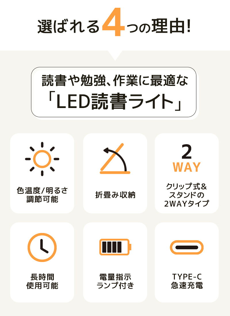 LED読書ライト クリップライト 読書灯 ブックライト ブックランプ ナイトライト Ra98高演色 ブルーライトフリー 小型デスクライト 充電式 ABS 3段階調光 無段階明るさ 角度調整可 クリップ式＆スタンド 目に優しい 卓上ライト 小型 寝室用 卓上用 LED照明 持ち運び 11shop-10002146 11SHOP サンプル画像3