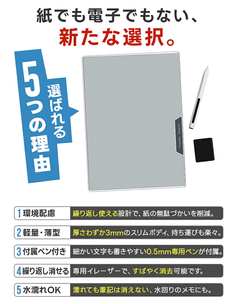 磁性メモパッド 12インチ 繰り返し使える メモボード 水拭きOK メモ帳 お絵描きボード メッセージボード DIY ノートボード エコ文具 イレーザー付き 軽量 薄型 0.5mm細字ペン付き ペーパーレス 万年筆スタイル 多用途 ビジネス 学習用 オフィス 家庭用 シルバー 11shop-10002127 11SHOP サンプル画像3