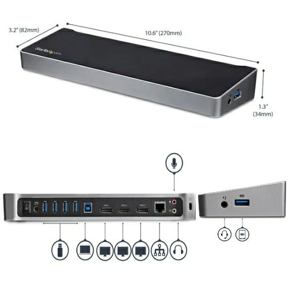 ドッキングステーション/USB 3.0接続/トリプルモニター/2x 4K DisplayPort & HDMI/5x USB-Aハブ(1x Fast-Charge)/ギガビットイーサネット(GbE)/3.5mmステレオミニ(3極)/MacOS & Windows/ノートPC タイプA 多機能 アダプター