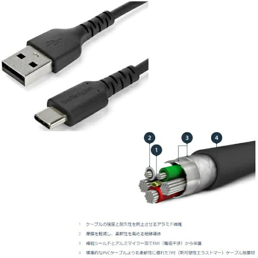 USBケーブル/USB 2.0 Type-A-Type-C/1m/3A/高耐久 アラミド繊維補強/オス オス/ブラック/充電 & データ転送 同期/タイプC コネクター USBケーブル/USB 2.0 Type-A-Type-C/1m/3A/高耐久 アラミド繊維補強/オス オス/ブラック/充電 & データ転送 同期/タイプC コネクター