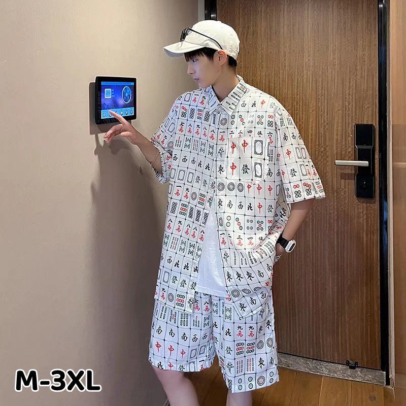 【期間限定ポイント10倍】上下セット メンズ 半袖シャツ 麻雀シャツ 総柄 サマーシャツ 韓国風 カジュアルシャツ 麻雀プリント ゆったり ストリート ハンサム...