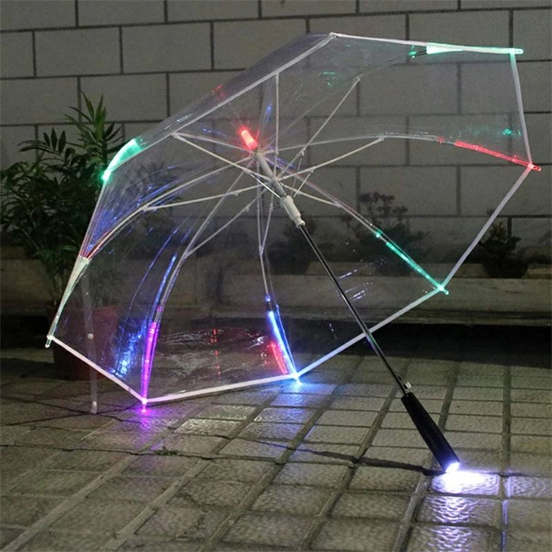 LED傘 雨傘 7色LEDランプ付き 透明傘 フラッシュライト長傘 80cm 光る傘 七色に光る 夜間対応雨の夜に最適夜道も安心 照明 雨具 レイングッズ 通勤通学男女兼用自動開閉(透明)
