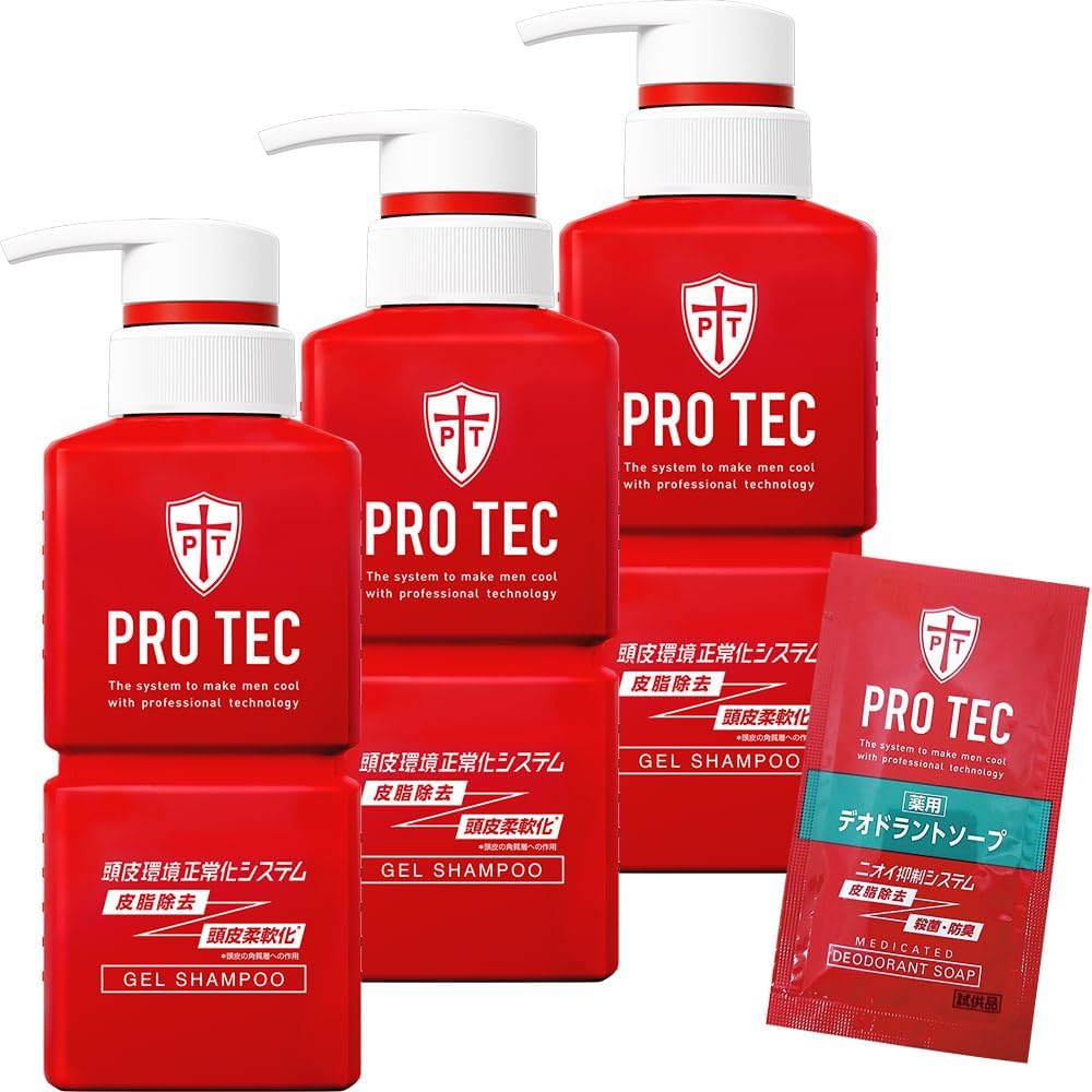 月間優良ショップPRO TEC(プロテク) 頭皮ストレッチシャンプー本体 300g×3個 + デオドラントソープ1回分おまけ付 [医薬部外品] 皮脂除去