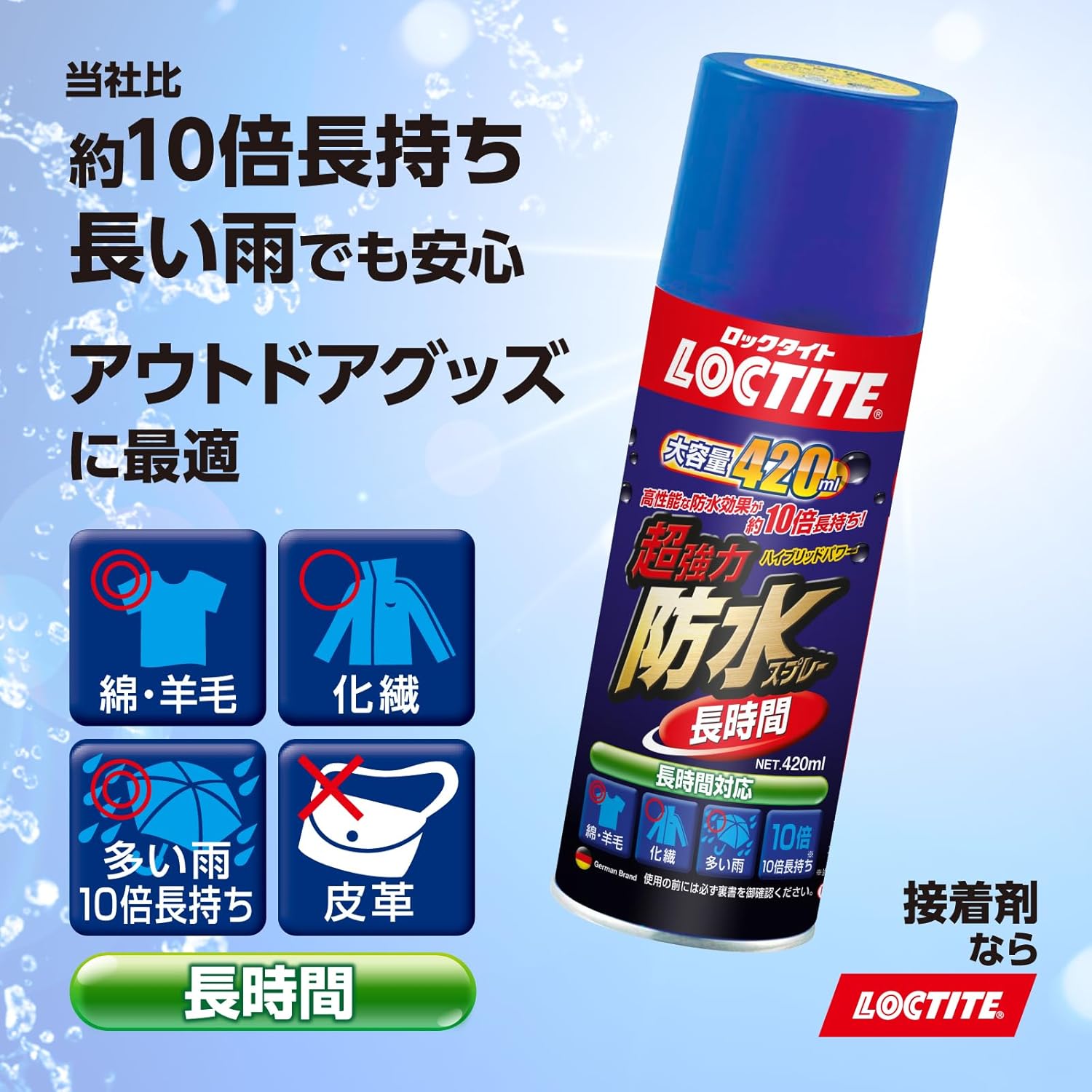 月間優良ショップ受賞店LOCTITE(ロックタイト) 超強力防水スプレー 長時間 420ml 従来の防水スプレーと比べ、撥水効果が約10倍長持ち