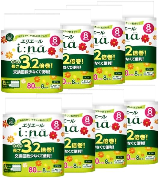 樂天商城 - 月間優良ショップ受賞店 エリエ一ル トイレットペーパー i:na(イーナ) 3.2倍巻き 80m×64ロール(8ロール×8パック) ダブル パルプ100% 華やぐフローラルの香り 8個入り