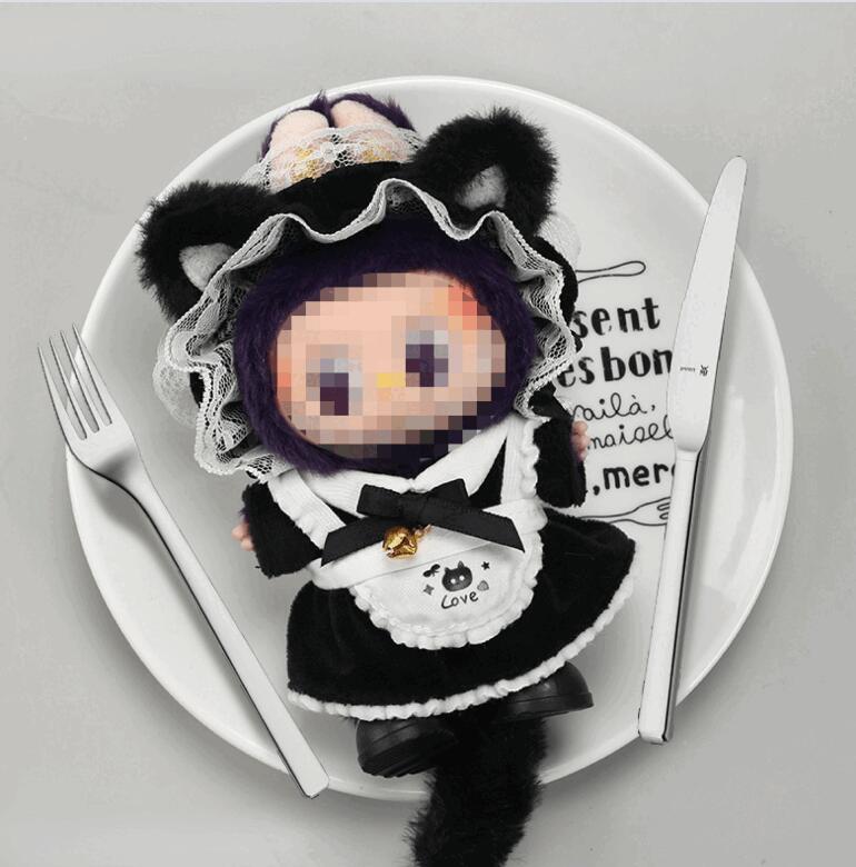 【5点セット】Labubu 服 坐坐パティー | THE MONSTERS POPMART 17cm対応 ラブブ専用 猫耳メイド服 ラブラブ LaLaba 1 1・2・3世代対応 ドール用 可愛い毛布風 ワンピース ファッション着せ替えアクセサリー