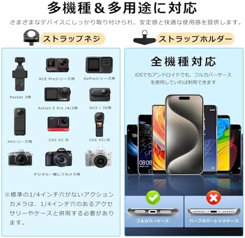多機能カメラストラップ 首掛け手首巻き対応 1/4インチネジ スマホホルダー付き Go...