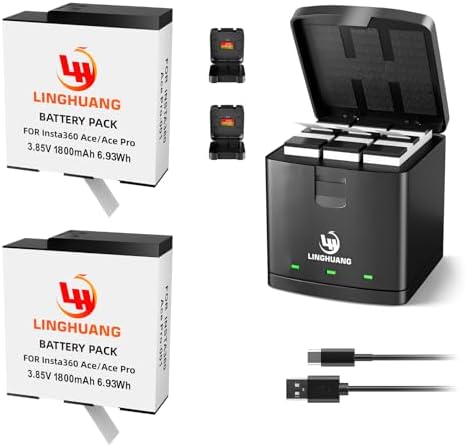 Insta360 Ace Pro 2・Ace Pro・Ace 互換バッテリー 1800mAh 2枚 + Ace Pro バッテリー充電器 3個同時充電可能 インスタ360 ace 充電ハブ USB-C充電ケーブル