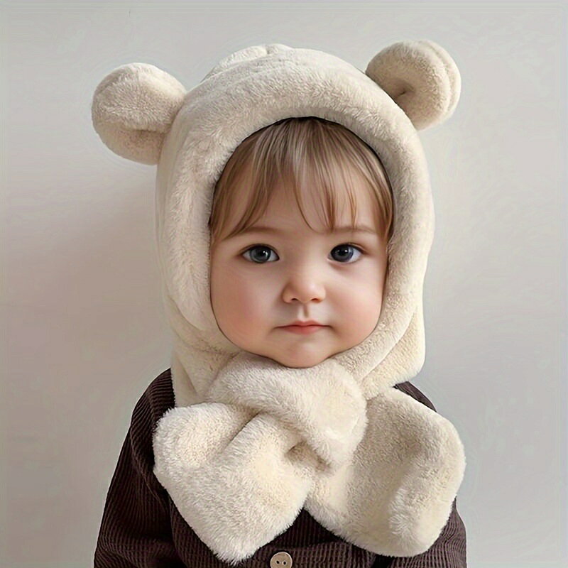 ベビー用秋冬ニット帽子 ネックウォーマー付き クマデザイン 耳当て付き 保温性抜群 通園 通学に最適 男女兼用 送料無料