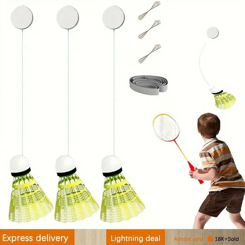 バドミントン練習用3点セット ナイロンロープ付きリバウンドシャトルコックと接着剤＆弾力バンドでパワ..