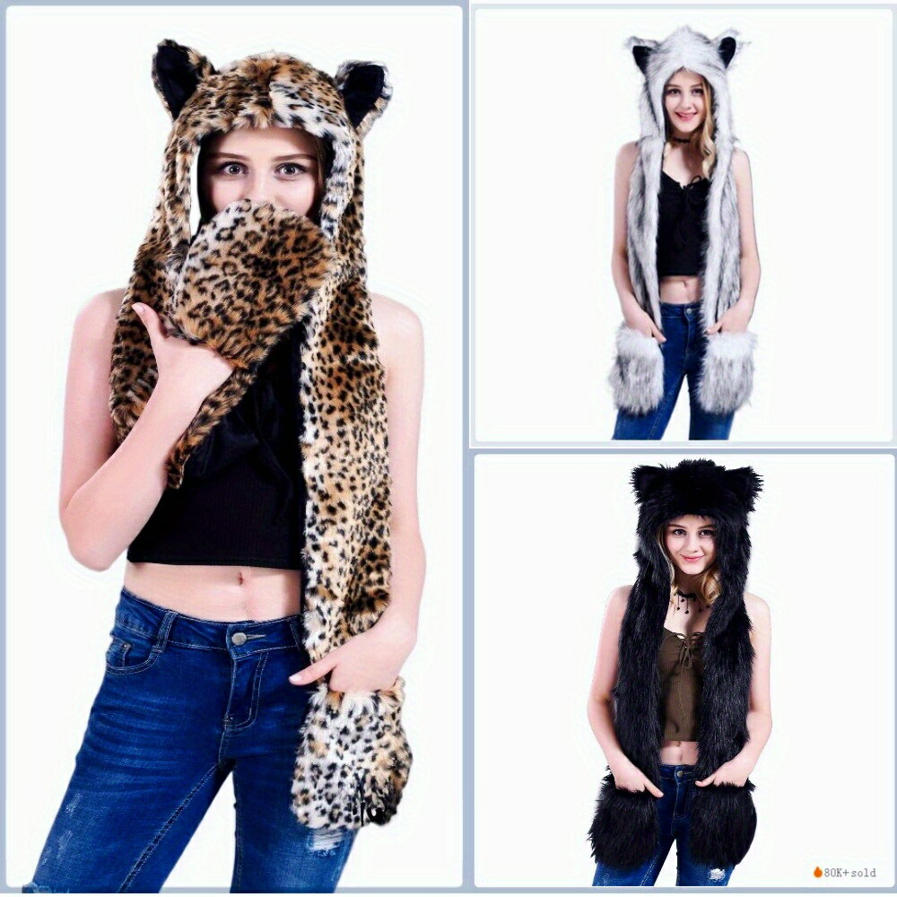 コンバーチブル冬コスチューム ぬいぐるみ耳付き帽子 マフラー付き手袋 ソフトイヤーフラップジャケット オールシーズンユニセックスパーティーアウトフィット