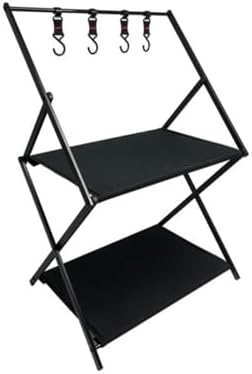 軽量 折りたたみ式 フォールディングラック 黒 キャンプ収納棚 小物置き 2段/3段 ハンガーフック4個付..