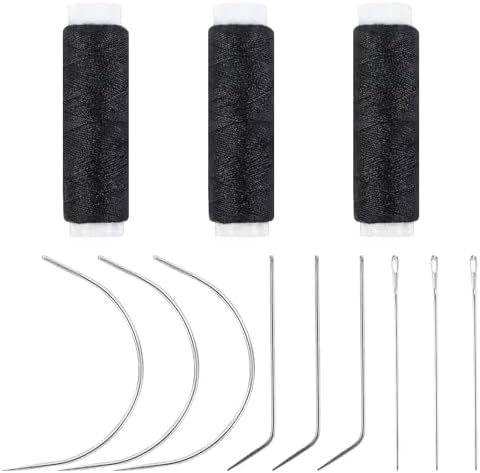 ヘアエクステンション用ニードルスレッドセット ミシン糸 カーブ針 髪を縫うための縫い糸 3ロール 9本 ..