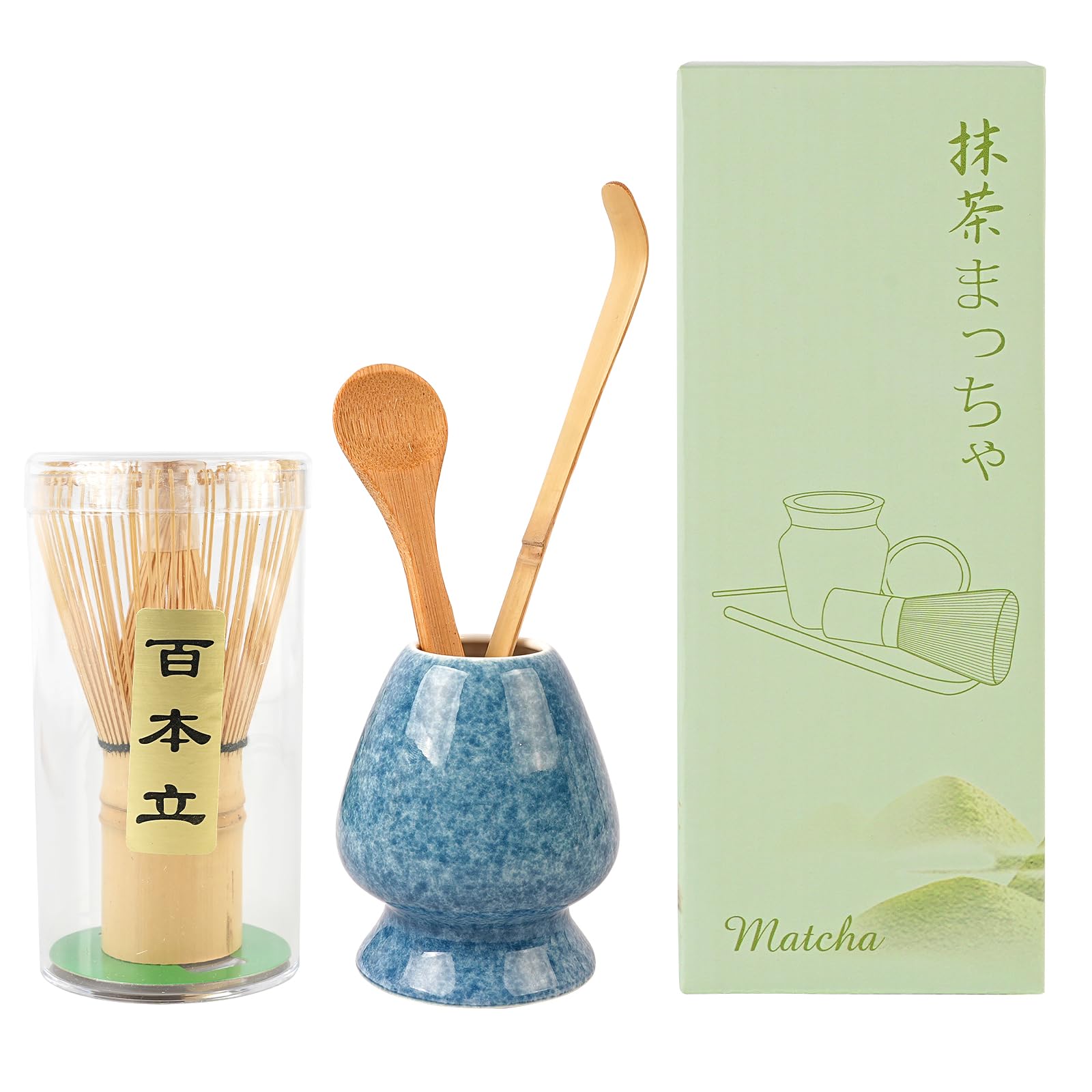 【茶筅 百本立 抹茶用 ツールセット 茶道用品 4点セット 高品質 サラッとした泡立て器 お点前セット ブルー｜抹茶をより美味しく！高品質な茶筅とセットで使いやすく。】 概要説明：抹茶をより美味しく楽しめる、高品質な茶筅とセットの茶道ツールです。茶筅（百本立）、茶筅立て、茶杓、茶さじが含まれており、お点前にも最適です。サラッとした泡立てが特徴で、初心者から上級者まで幅広くご利用いただけます。 ターゲットや使用シーンも含める ● 商品の特長 ● 高品質な素材 天然竹を使用し、耐久性に優れた茶筅です。安全で安心してご使用いただけます。 ● 使いやすいセット 茶筅（百本立）×1、茶筅立て×1、茶杓×1、茶さじ×1の4点セットで、お点前の準備がスムーズです。 ● 美しい仕上がり 釉薬をかけた陶器の茶筅立ては高級感があり、見た目も魅力的です。 ● 素材 ・天然竹 ・陶器（茶筅立て） ● サイズ ・茶筅立て：直径約6cm × 高さ約7.5cm ● こんなシーンにおすすめ ・家庭での抹茶タイム ・レストランやカフェでのお点前 ・贈り物としての人気アイテム 締めくくりメッセージ：抹茶をより美味しく楽しむための高品質なセット。茶道愛好家や初心者にも最適です。ぜひご購入ください。 ご注意： ・サイズは手作業のため誤差が生じる場合があります。 ・モニターにより色味が異なる場合があります。色: グリーン色: ピンク色: ブラック色: ブルー