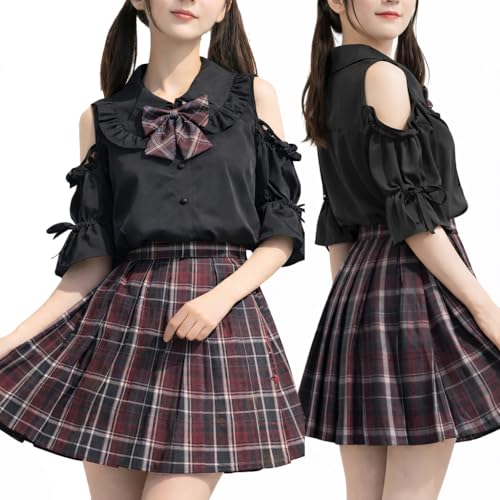 レディースJK制服 コスプレ セーラー服 オフショルダー チェック柄 プリーツスカート 上下セットアップ 大きいサイズ S〜6L 学生風 コスチューム