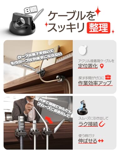 ケーブルホルダー マグネット式 ケーブルクリップ 配線止め コードクリップ 8個セット 強力粘着 アクリル 片手操作 開閉1秒 コンパクト 軽量 デスク 壁 車内 充電コード整理 収納グッズ 163yasui-10018370 ヤスイショップ サンプル画像3