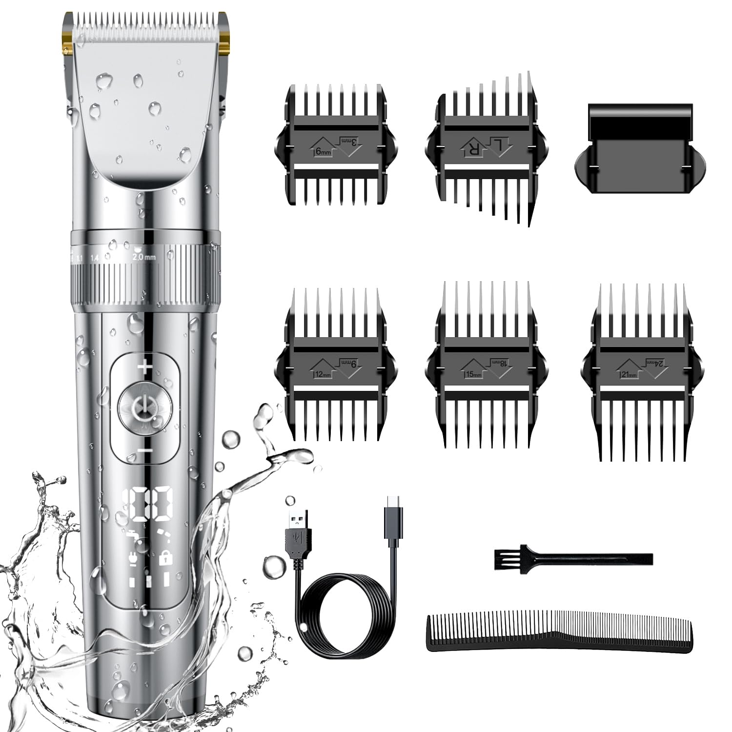 【バリカン メンズ｜Type-C充電式 ヘアーカッター】 概要説明：LEDディスプレイ搭載の高性能ヘアーカッター。電源残量やモードを一目で確認でき、1200mAh大容量バッテリーで長時間使用可能。Type-C対応でどこでも充電できます。初心者でも安心の安全設計と、髪質に合わせた3段階スピード調整で、自宅でプロのような仕上がりを手軽に実現します。 ● 商品の特長 ● 直感的なLEDディスプレイ＆大容量バッテリー 電源残量や動作モードを表示するLED画面を搭載。テクノロジーを感じさせるデザインでありながら、操作性を向上させます。1200mAhの大容量バッテリーにより、フル充電で長時間の使用が可能。Type-C充電に対応し、コンセントがなくてもスマホケーブルなどで充電できるため、旅行先や外出先でも便利です。 ● 髪質に合わせた3段階スピード調整 ソフト・ミドル・ストロングの3段階から、あなたの髪質や好みに最適な速度を選択できます。細い毛には優しく、太く硬い毛もスムーズにカット。無理なく快適なトリミング体験を提供します。 ● 5段階刈り高さ＆10本のガイドコーム付き ダイヤル操作で0.8mm〜2.0mmまで細かく調節可能。さらに3mm〜24mmまでの9種類のガイドコームと両サイド用の櫛を付属。初心者の方でも失敗知らずで、お好みの長さやスタイルに簡単仕上げられます。 ● R型安全刃先＆子供用ロック機能 肌に触れる部分に丸みを持たせたR型設計で、肌への刺激を最小限に抑えます。お子様やご高齢者にも安心してご利用いただけるよう、電源スイッチの誤作動を防ぐロック機能を搭載。安全面にも徹底しています。 ● IPX7防水＆低騒音設計 シャワー中の使用や水洗いが可能なIPX7防水仕様。使用後の掃除も流水ですぐに行え、衛生的です。また、低騒音設計により、音に敏感なお子様がいるご家庭でもスムーズなヘアカットが可能です。 ● 素材・仕様 ・素材：ABS樹脂、ステンレス刃 ・サイズ：約16.5cm × 4.5cm × 3.5cm（全長） ・重量：約230g ・充電方式：Type-C USB ・バッテリー容量：1200mAh ・防水等級：IPX7 ● こんなシーンにおすすめ ・自宅でのセルフヘアカット ・お子様の髪切りや整髪 ・出張先や旅行先のケア ・プレゼントやギフト用 いつでもどこでも、プロ品質のスタイリングを楽しめるヘアーカッター。安全設計と使いやすさを兼ね備えているので、初めての方にもおすすめです。ぜひご検討ください。 ご注意： ・サイズは手作業のため多少の誤差が生じる場合があります。 ・モニターの設定により実物と色味が異なる場合があります。