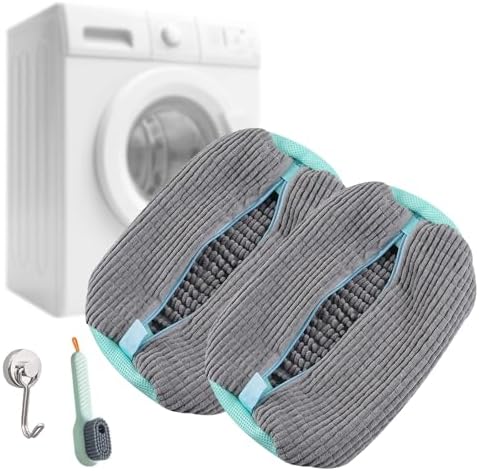 靴洗濯ネット 靴用洗濯袋 円筒型 直径19×縦39cm マグネットフック付き 靴ブラシ付き グレー 2個入 洗濯..