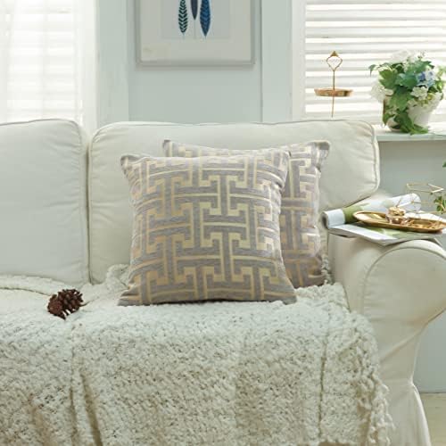 クッションカバー シェニール生地 モノグラム柄 オシャレ 北欧風 インテリア 車 椅子 45x45 2枚セット グレーゴールド [2]