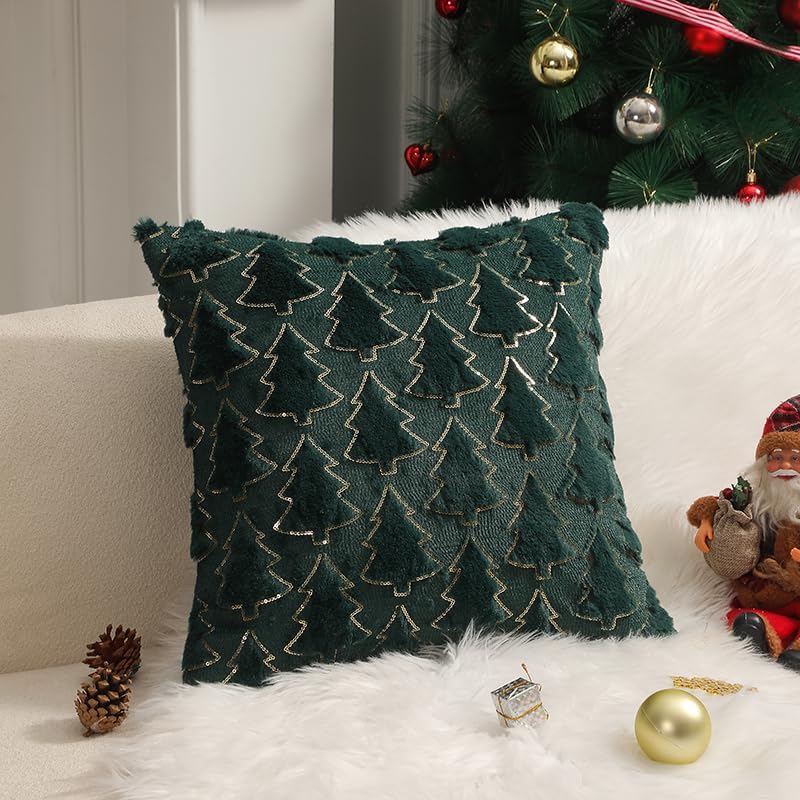 クッションカバー 45x45cm クリスマスツリー フェイクファー 北欧 2枚セット おしゃれ 可愛い 柄 ファスナー モダン 家庭装飾 車 飾り インテリア ベッドルーム