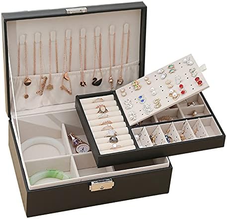 ジュエリー収納ボックス レディース用 PUレザー 二段仕切り 鍵付き ギフト ブラック 大容量 アクセサリ..