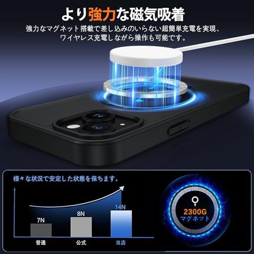 【MagSafe対応・ワイヤレス充電】iPhone15ケース 半透明 スタンド機能 縦横両対応 耐衝撃 米軍MIL規格 マット 指紋防止 黄変なし スマホケース iPhone15カバー ブラック