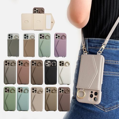 乐天商城 - iPhone用 ショルダー付きスマホケース 背面手帳型 背面カード収納 鏡付き 肩掛け 斜めかけ リング付き ミラー付き カード収納 背面ポケット 財布付き PUレザー