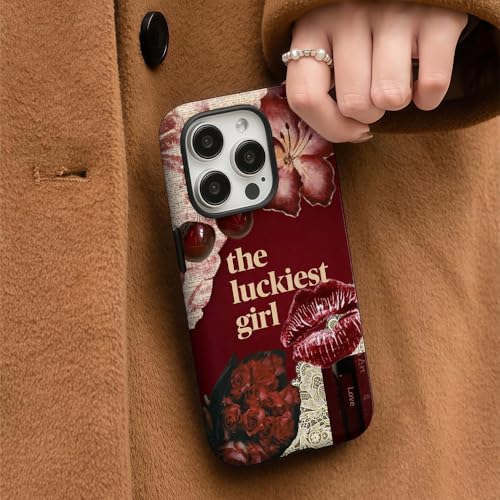 iPhone16用 花柄口紅印 レトロエレガント ウイングレッド 日常おしゃれシーン 少女女性 アイフォン14 iPhone16/15 ProMax対応（赤，16）