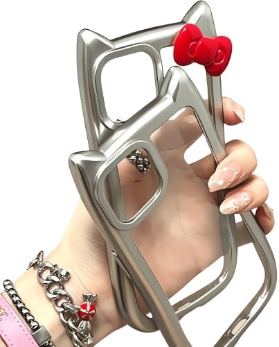 iPhone 16Pro用 ケース ハローキティ 立体 可愛い リボン 猫耳 透明 韓国 2in1 アクリル+TPU素材 漫画 ..