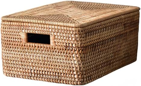 藤バスケット 蓋付き 整理ハコ 大きいサイズ 持ち手 運びやすい インテリア おしゃれ 手織り 玄関 寝室 洗面所 クローゼット 秋藤編み収納バスケット 手作り編み収