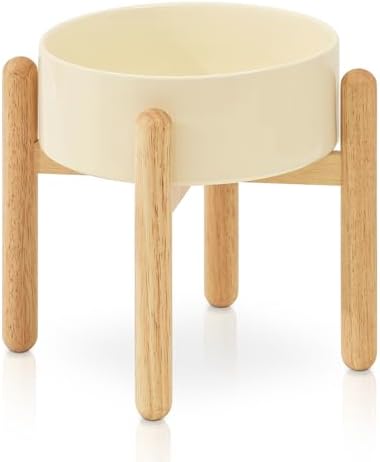 陶器製 犬フードボウル 850ml 滑り止め付き ゴムの木製スタンド 中型犬向け ペット食器 餌入れ 耐久性 ..