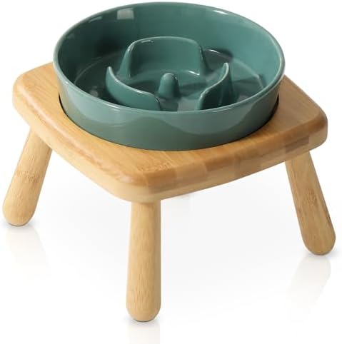 陶器製 スローフードボウル 木製スタンド付き 小中型犬用 グリーン(ラック付き) Sサイズ 早食い防止 食..