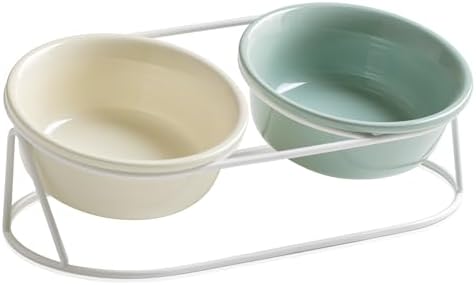 ペット用陶器食器セット 頸椎保護 15度傾斜 金属スタンド付き 水飲み皿・餌入れ両用 小型犬猫対応 サイ..
