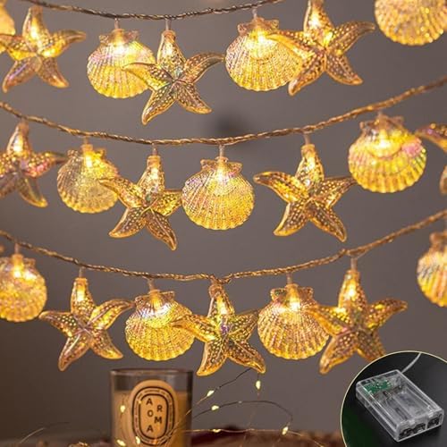 イルミネーションライト LED 貝殻 ヒトデ 20球 電池式 暖色 屋外 屋内 クリスマス パーティー キャンプ 夏冬対応 2パターン ホログラム効果 可愛い おしゃれ インテリア 軽量