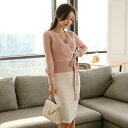 【既日発送】セットアップ トップス+スカート 2点セット 長袖ニット ニット ハイウエストスカート カシュクール ひざ丈スカート 上下セット パーティー お嬢様...