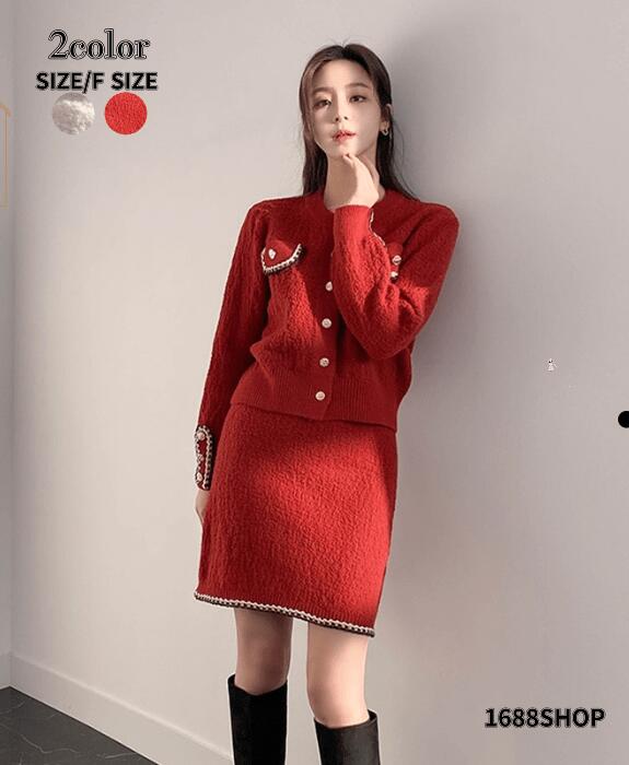 上下セット セットアップ トップス+スカート　2点セット ニット　ハイウエストスカート　シンプル　ニ..