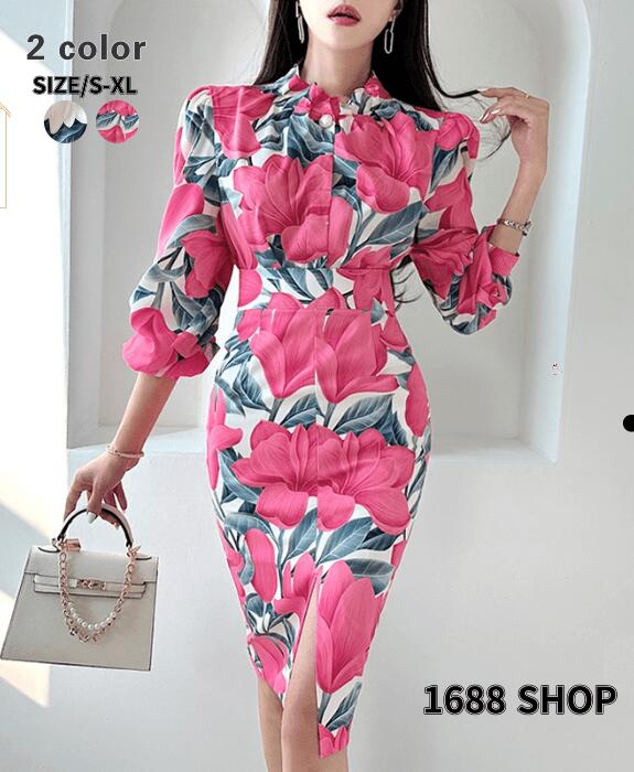 上下セット セットアップ トップス+スカート 2点セット シャツ ハイウエストスカート 花柄 シフォンシャツ 長袖シャツ タイトスカート ひざ丈スカート パー...