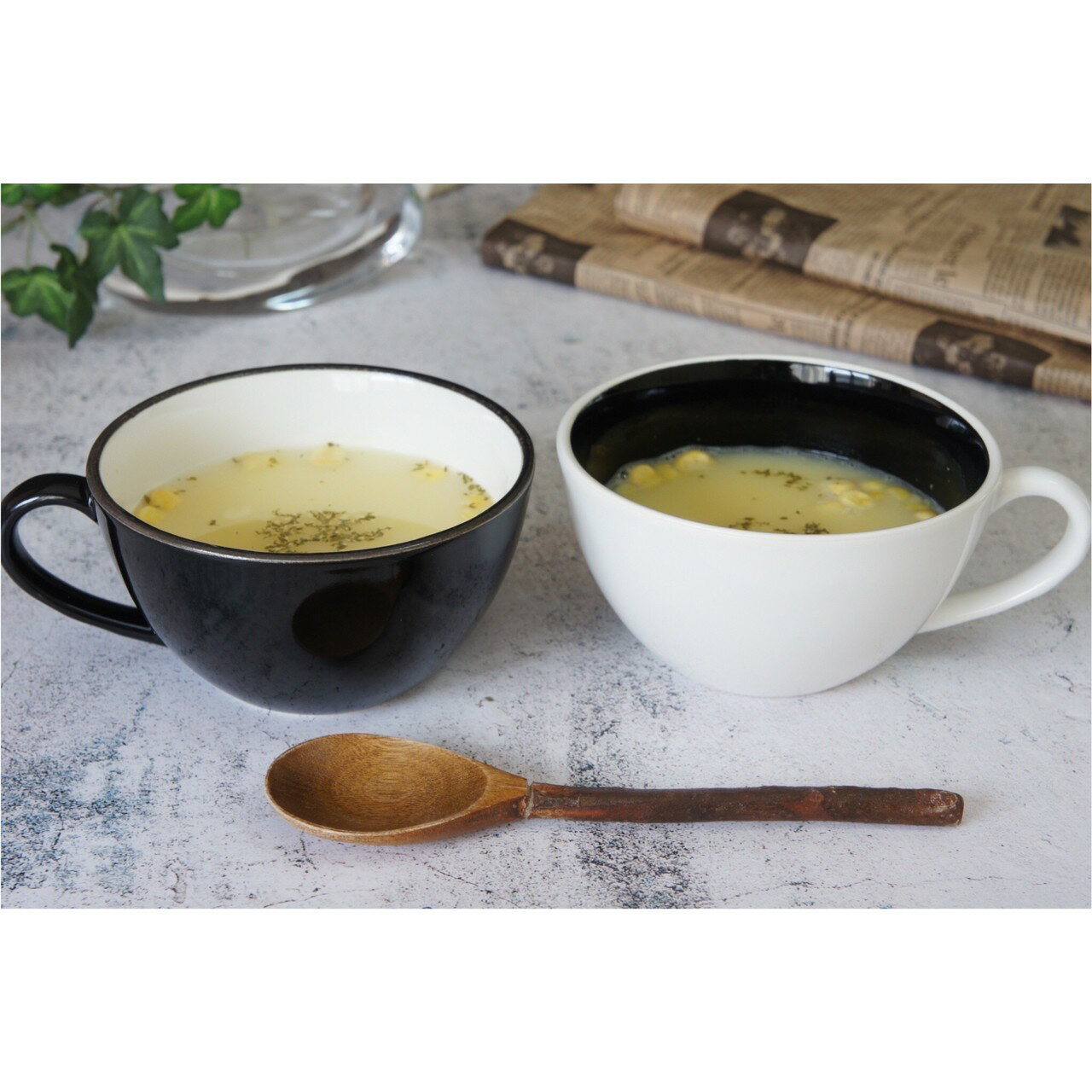 窯元直売　スープカップ　白　黒　ツートン　モダン　直送　ホワイト　ブラック　朝食　普段使い　メイ..