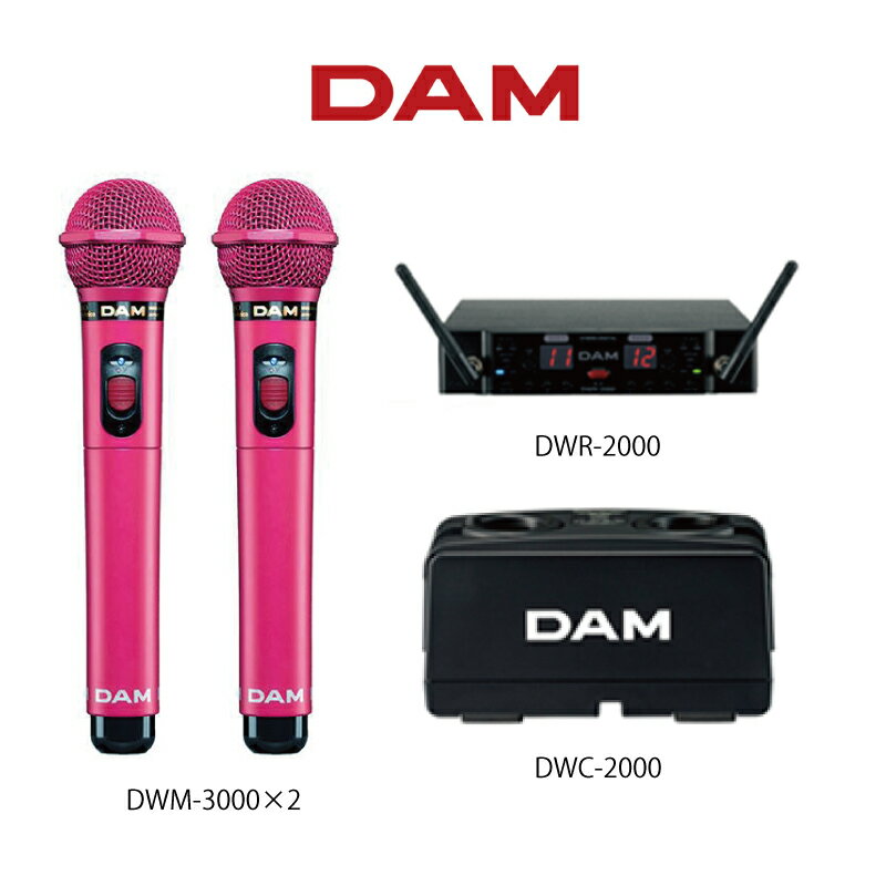 カラオケマイク【新品】【送料無料】【メーカー保証】第一興商／DAM（ダム） DWM-3000P（ピンク） 電波式ワイヤレスマイク4点セット