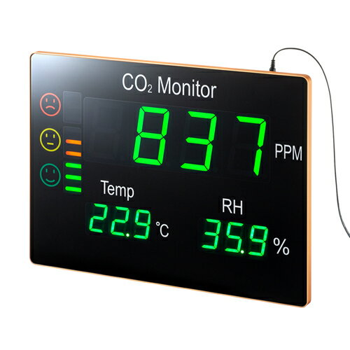 CO2(二酸化炭素)、温度、湿度を表示、換気のタイミングを音とLEDでお知らせのCO2二酸化炭素パネルモニター●CO2(二酸化炭素)、温度、湿度を測定し表示する、壁掛けタイプのCO2二酸化炭素モニターです。 ●会社のオフィス・会議室、学校、図書館,病院などの公共施設や商業施設など、屋内の空気の環境を見守ることができます。 ●CO2(二酸化炭素)の濃度状態が高くなると、アラーム音とLEDで知らせてくれます。 ●設定したCO2二酸化炭素濃度以上になるとアラームが鳴る設定が出来ます。またアラーム音のON/OFF設定も出来ます。 ●AC電源供給タイプです。■測定項目:CO2　　　　　　　温度　　　　　　　湿度 ■測定範囲:0〜9999ppm　　　0〜50℃　　　　　　0〜85%RH ■分解能:　1ppm　　　　　　0.1℃　　　　　　　0.1%RH ■精度:　　±70ppm+3%rdg　±0.8℃(10〜50℃)　　±3%RH 　　　　　　400〜5000ppm　最大±1.5℃(上記以外)(30〜75%RH) ■LED表示(CO2):3LED(0〜599ppm)安心です 　　　　　　　　　6LED(600〜1199ppm)要注意です 　　　　　　　　　9LED(1200〜9999PPM)換気しましょう ■アラーム音:アラームが鳴るCO2(二酸化炭素)濃度値を設定可能、アラームON・OFF可能 ■CO2センサータイプ:非分散型赤外線(NDIR)ガスセンサー ■使用環境:0〜50℃、85%RH以下(結露なきこと) ■保管環境:0〜60℃、85%RH以下(結露なきこと) ■設置する高さの基準:2〜2.5m ■測定目安範囲:50 ■電源:ACアダプタによる給電 ■サイズ・重量:W9392×D292×H42・約1420g ■セット:CO2パネルモニター、ACアダプタ、タッピングネジ×4本、アンカー×4個、、取扱説明書・保証書 補正機能(校正機能) 補正機能は、電源ONの状態で5日〜7日間連続使用して頂くと、正確な自動補正(校正)が実行されます。 補足説明 *自動校正(補正)とは:製品にもよりますが、5日〜7日間の二酸化炭素の最低測定値を400PPMとみなし、段階的に補正をする機能のことをいいます。 400PPMが基準の理由と致しましては、世界気象機関(WMO)では、世界で1週間の平均CO2濃度は400PPMと発表されていることから、400PPMを基準値としています。