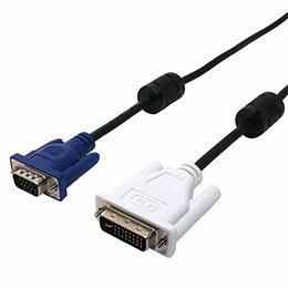 DVI-Iのアナログ信号をVGA(D-sub15ピン)に変換するケーブル■DVI-IをD-sub15ピンに変換するケーブル DVI-I端子搭載のパソコンやモニターとD-sub15ピン搭載のディスプレイなどを接続できます。 ※DVIデジタル(シングルリンク、デュアルリンク)モードでは使えません ■大型フェライトコア付 高周波ノイズを吸収する大型フェライトコア付き。 ■環境にやさしいRoHS指令対応(10物質) RoHS指令は、電子・電気機器における特定有害物質の使用制限についての欧州による指令です。 人や環境に有害な物質の含有基準をクリアした、安全な製品です。コネクタ:DVI-I29ピン(オス)- D-sub15ピン(オス) ケーブル径:直径約5mm ケーブル長:1.5m、3m 対応機種:DVI-I、D-sub15ピン端子が搭載されたPC、モニターなど ※DVIデジタル(シングルリンク、デュアルリンク)モードでは使えません。