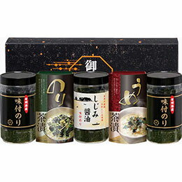 有明海産&しじみ醤油味付のり・お茶漬け詰合せ有明海産&しじみ醤油味付のり・お茶漬け詰合せメーカー品番 : LLS-20 セット内容 : 有明海産味付のり(8切32枚)×2、しじみ醤油味付のり(8切32枚)・うめ茶漬・のり茶漬(各4.3g×3袋)×各1 箱サイズ : 14×38×7.5cm 賞味期限 : 1年 アレルゲン : 乳・小麦 パッケージ重量 : 400g