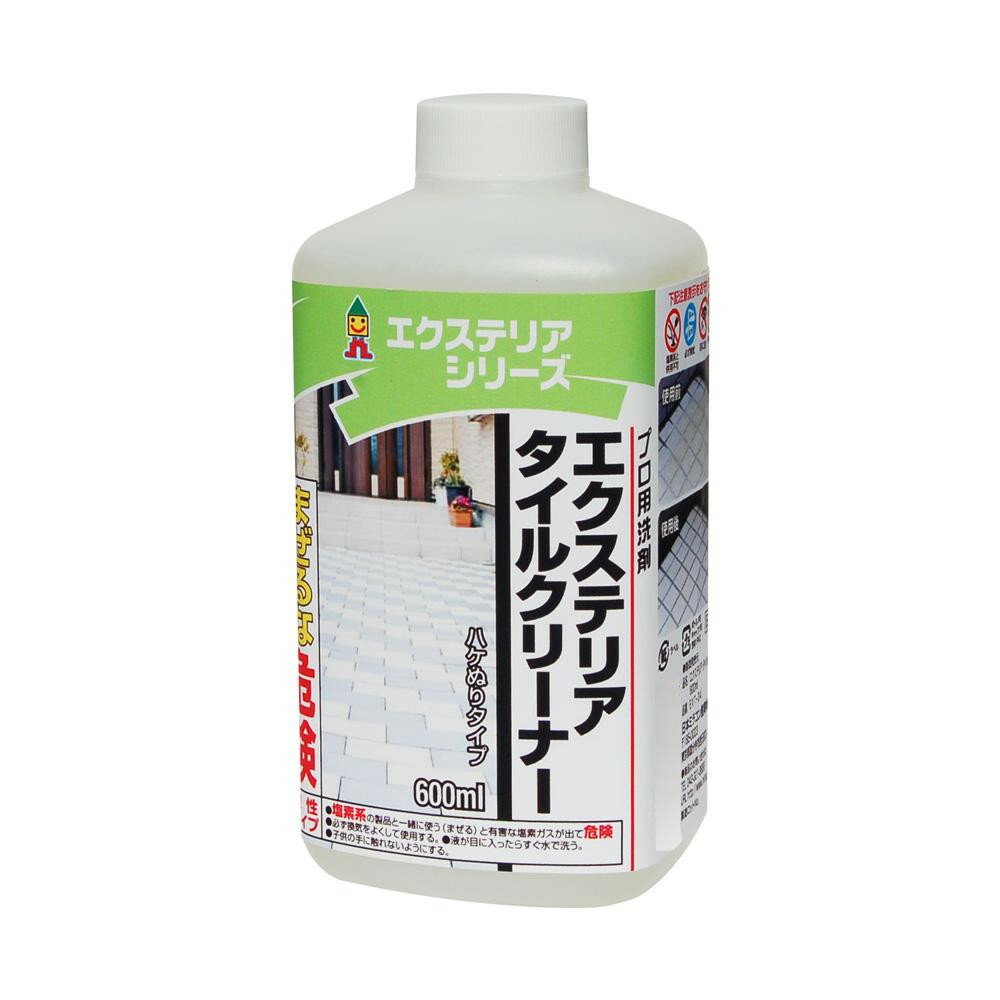 屋外の床タイルや外壁タイル(磁器・せっき質の焼成タイル)の水あか・雨水汚れを強力に落します。ハケ塗りタイプです。内容量600mlサイズ個装サイズ：7×8×17cm重量690g個装重量：690g生産国日本屋外のタイルのお掃除におすすめ。※ハケは付属しておりません。市販のハケをご使用下さい。※本品をご使用の際は、汚れを落したい製品の取扱説明書内に表記されている、お手入れ方法や使用上の注意をよくお読みの上、ご使用下さい。屋外の床タイルや外壁タイル(磁器・せっき質の焼成タイル)の水あか・雨水汚れを強力に落します。ハケ塗りタイプです。fk094igrjs