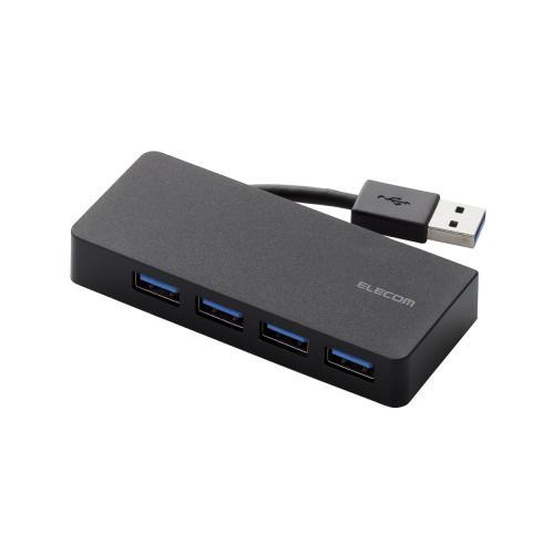 USB2.0の10倍の転送速度、5Gbps(理論値)を実現するUSB3.0に対応。本体背面にケーブルが収納できるコンパクトタイプの4ポートUSBハブ。転送速度5Gbpsと従来のUSB2.0の約10倍の転送速度(理論値)を実現するUSB3.0に対応したUSBハブです。 USB3.0対応のパソコン・機器であれば、大量のデータも高速に転送可能です。 USB2.0/1.1環境でも使用できるので、USB2.0/1.1対応のパソコン・機器でもそのまま接続可能です。 ケーブルを本体背面に収納できるコンパクトタイプなので、持ち運びにも便利です。 収納時にはスッキリ、ノートパソコン等との接続時にはゆったり使えるケーブル長6cmです。 ACアダプタ不要のバスパワー専用タイプです。●インターフェイス:USB3.0(USB2.0インターフェース接続時は、USB2.0互換で動作、USB1.1インターフェース接続時はUSB1.1互換で動作) ●コネクタ形状:パソコン側(アップストリームポート):USB A(オス)、USB機器側(ダウンストリームポート):USB A(メス)x4 ●対応OS:Windows10、Windows 8.1、Windows 7、Windows Vista、Windows XP、Macintosh OS X 10.11 ※各OSの最新バージョンへのアップデートや、サービスパックのインストールが必要になる場合があります。 ●最大転送速度:USB3.0スーパースピード/5Gbps(理論値)、USB2.0ハイスピード/480Mbps(理論値)、USB1.1フルスピード12Mbps(理論値) ●アップストリーム(パソコン側)ポート数:1 ●ダウンストリーム(周辺機器側)ポート数:4 ●USBケーブル方式:USB3.0 ●USBケーブル長:約6.0cm(コネクタ除く) ●電源方式:バスパワー ●供給可能電流:USB3.0接続時:4ポート合計720mA以内(各ポート180mA未満)、USB2.0接続時:4ポート合計400mA以内(各ポート100mA未満) ●カラー:ブラック ●外形寸法:約幅95.0×奥行40.0×高さ15.0mm(ケーブルを除く) ●重量:約34.1g ●動作環境:温度5〜40℃、湿度30〜80%(結露なきこと) ●保証期間:6カ月PCアクセサリー＞USBハブ＞＞＞